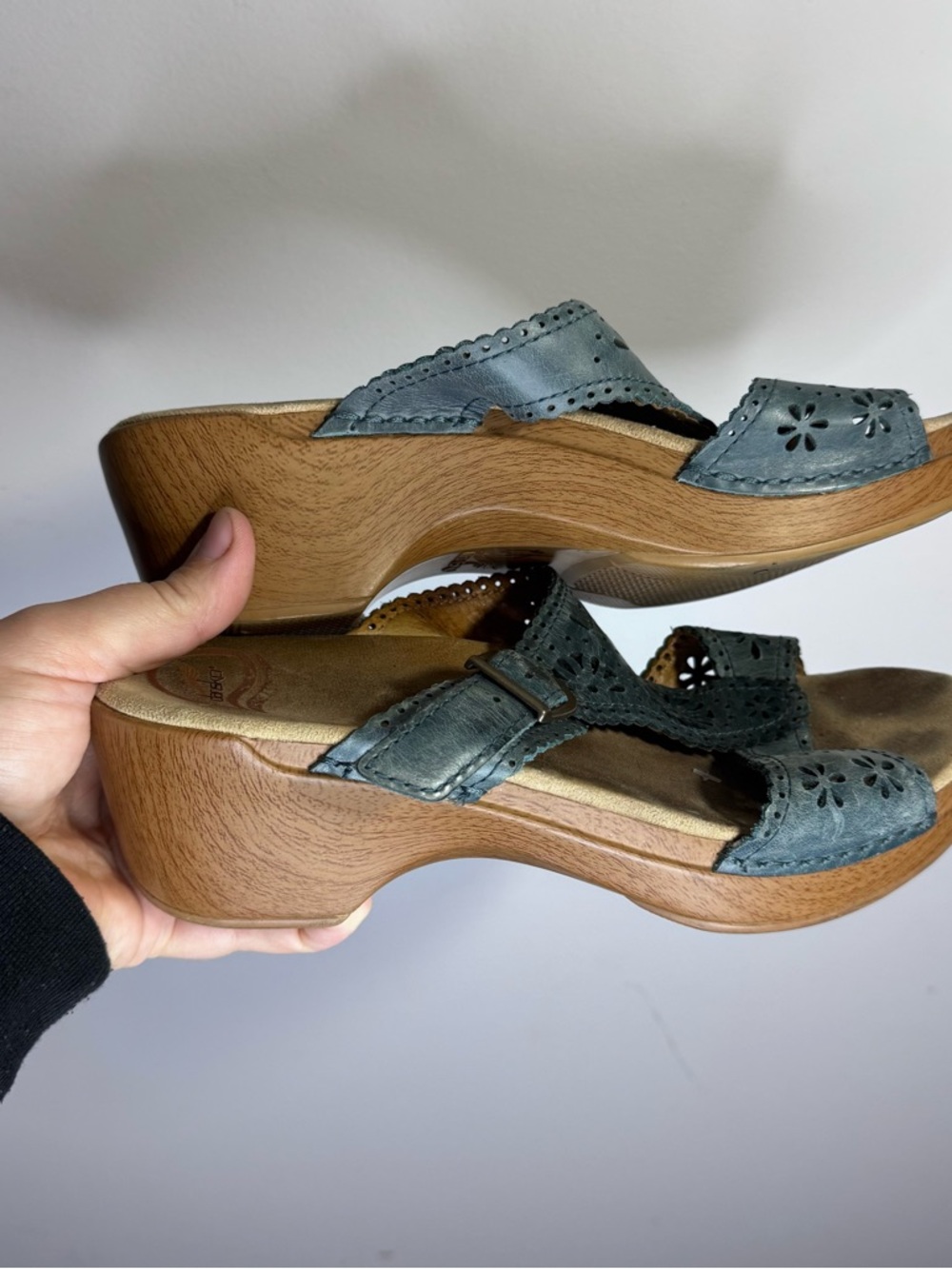 Dansko Leather Cutout Clog Sandals Blue Adjustable Buckle Platform EU 40